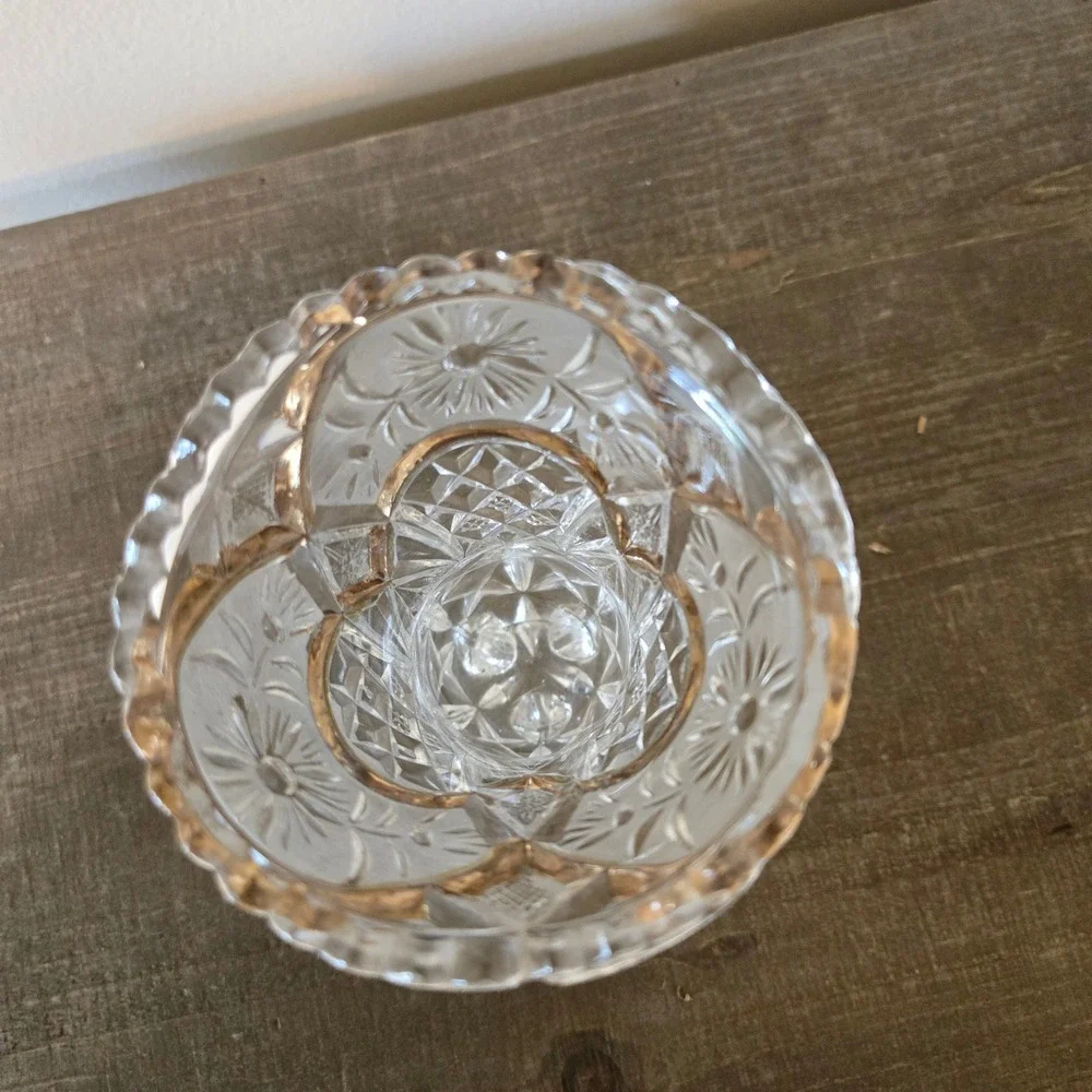 Vintage Cut Glass Tripod Footed Vase Gold Trim Scalloped Rim Floral DiamondClear